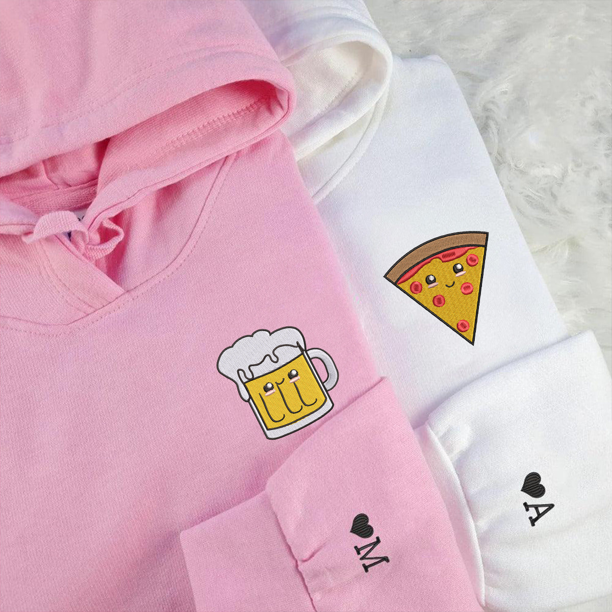 Custom Pizza And Beer Embroidered Matching Hoodies