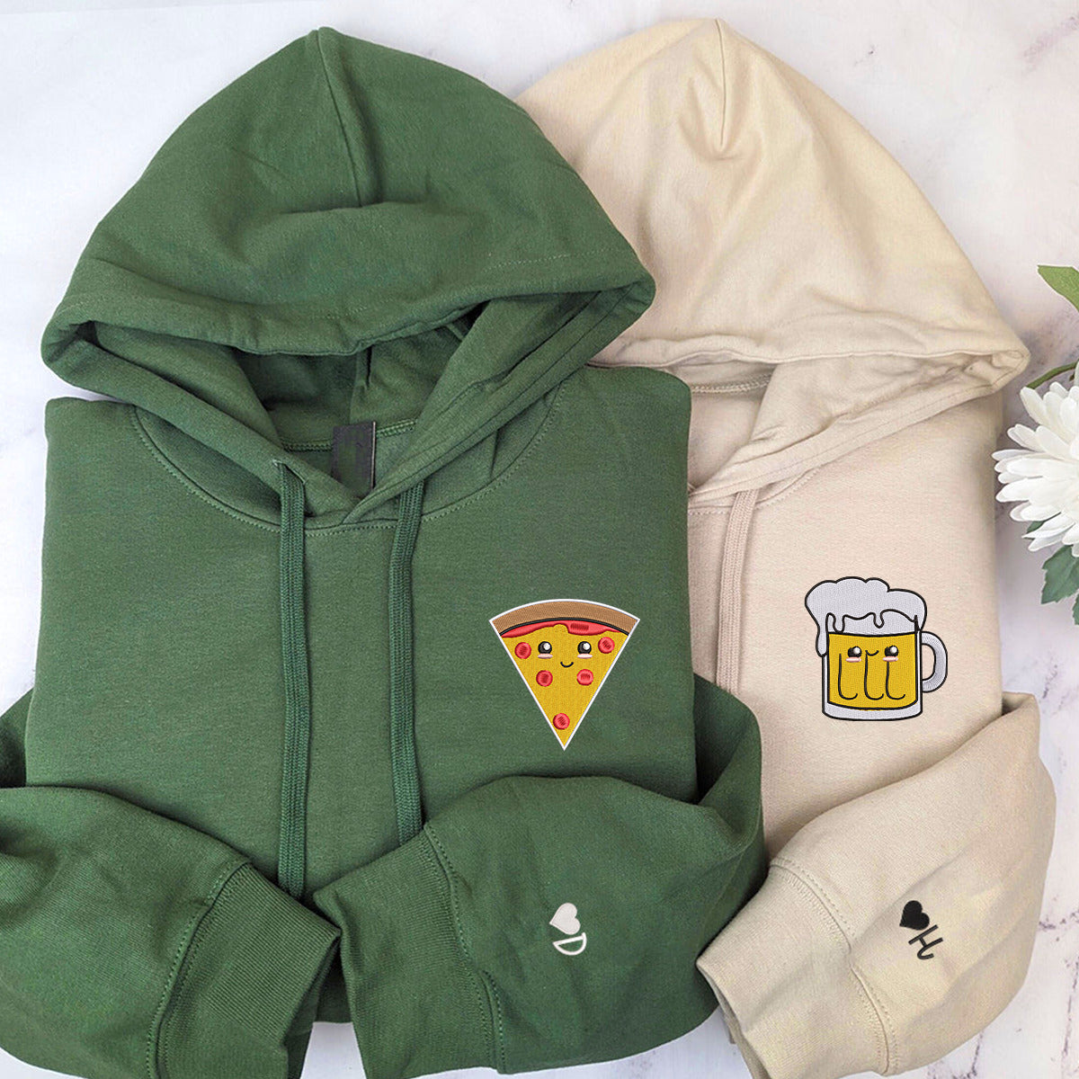Custom Pizza And Beer Embroidered Matching Hoodies