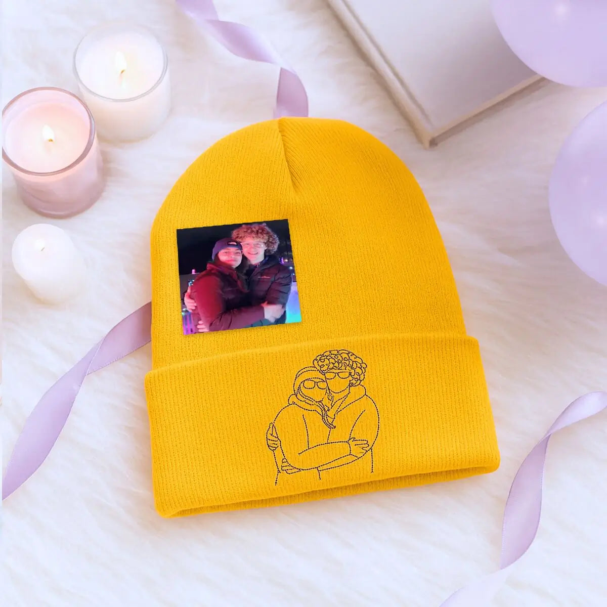 Custom Couple Beanie with Embroidered Portrait from Photo, His and Her Anniversary Gifts