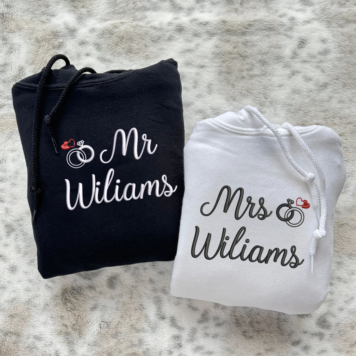 Embroidered Mr & Mrs Hoodies or Sweatshirts with Custom on Sleeve