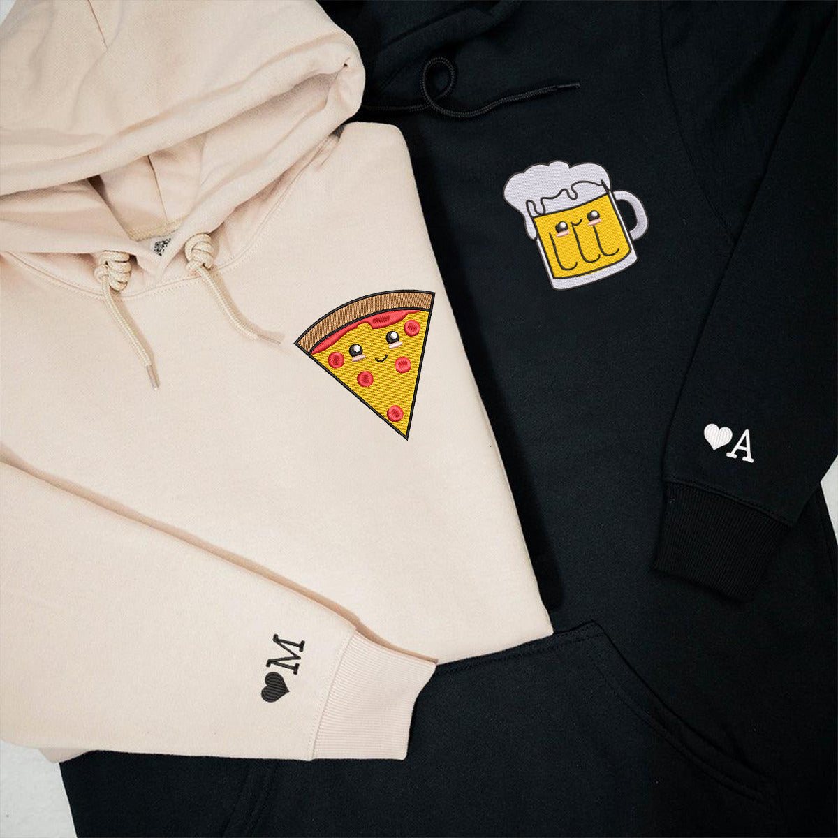 Custom Pizza And Beer Embroidered Matching Hoodies